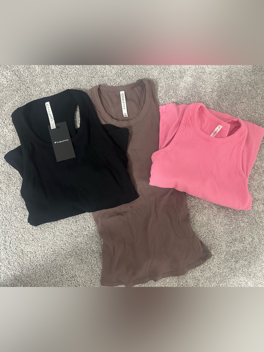 3 Fabletics Ribbed Tank Tops - Black, Taupe & Pink